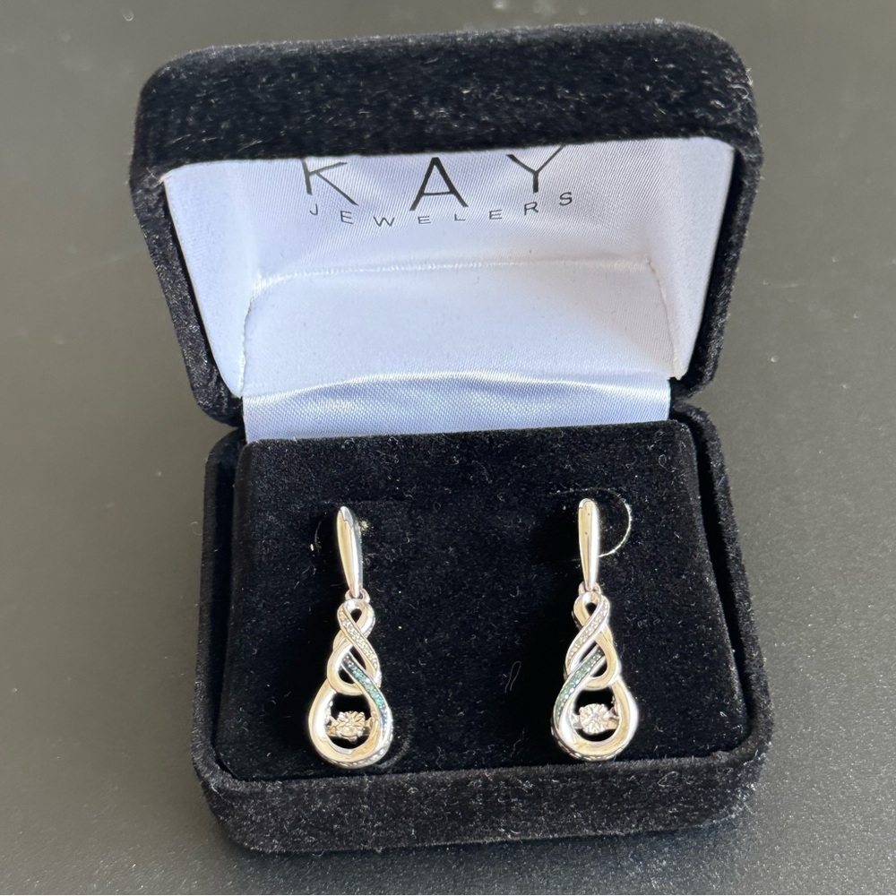 Kay Jewelers Silver and Blue Drop Infinity Earrings in original box never worn